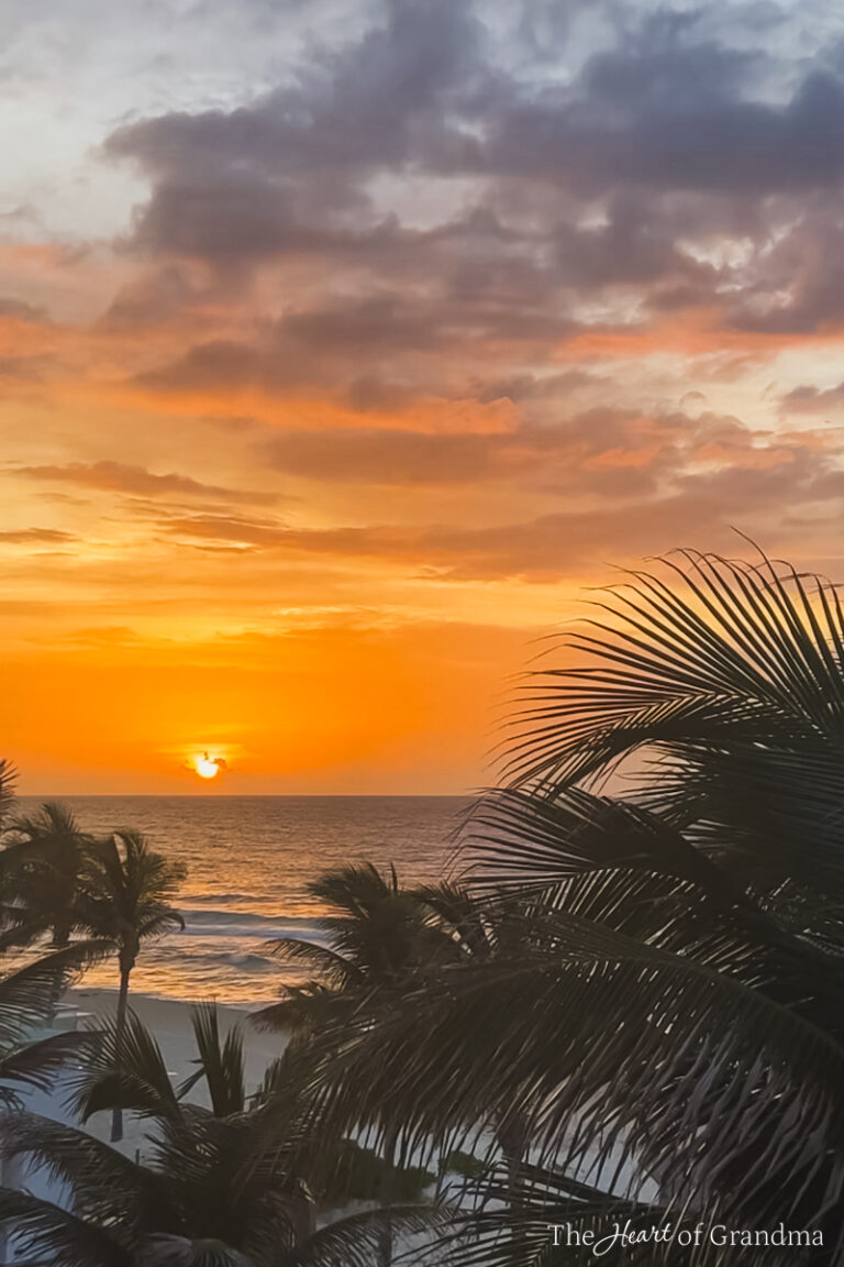 A yellow and orange sunset over the ocean with palm trees in the foreground.