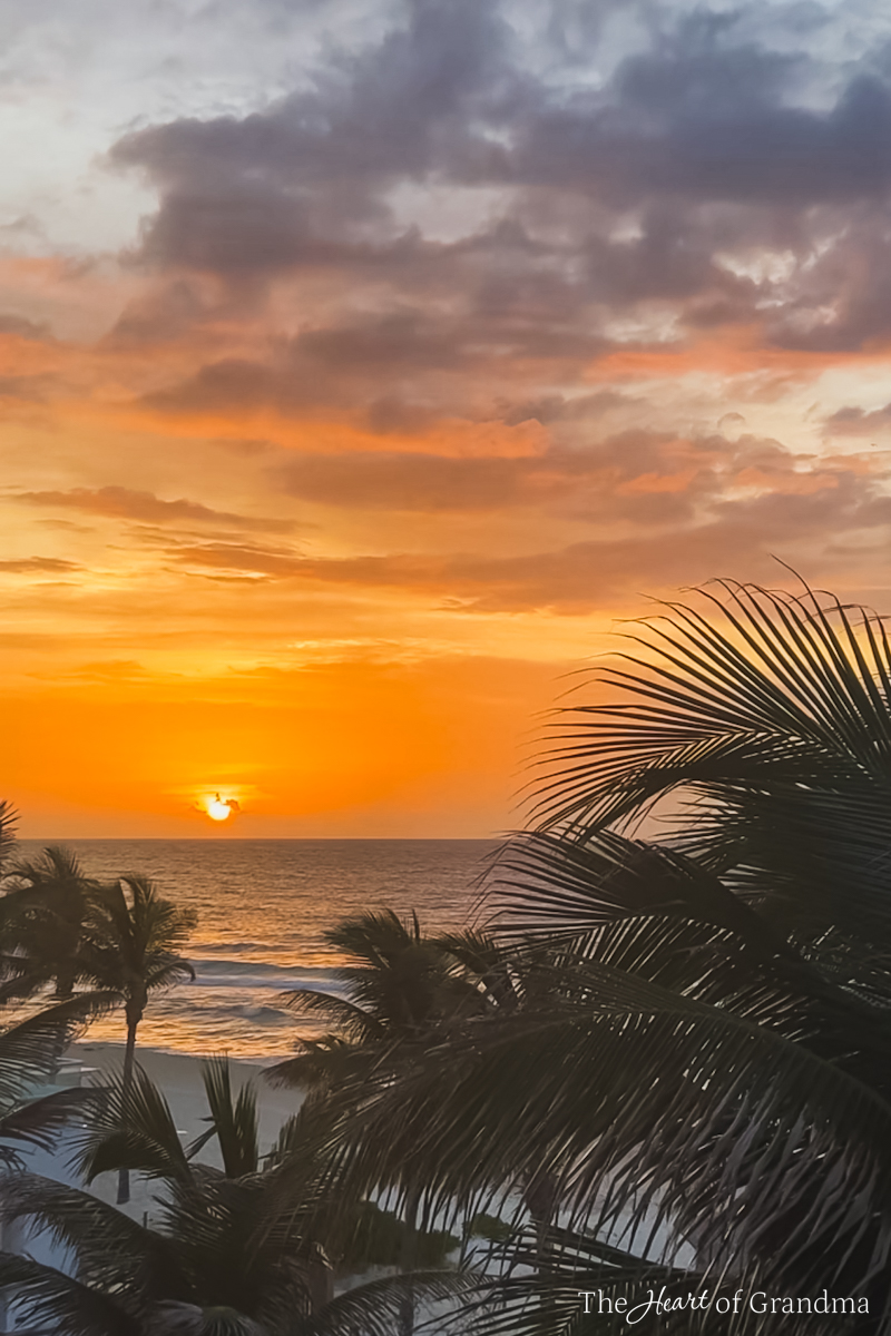A yellow and orange sunset over the ocean with palm trees in the foreground.