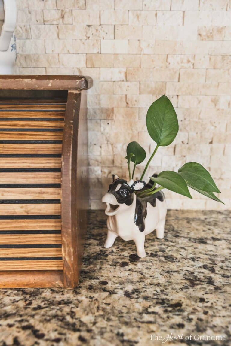 An antique cow with a plant in it sitting next to an antique bread box.