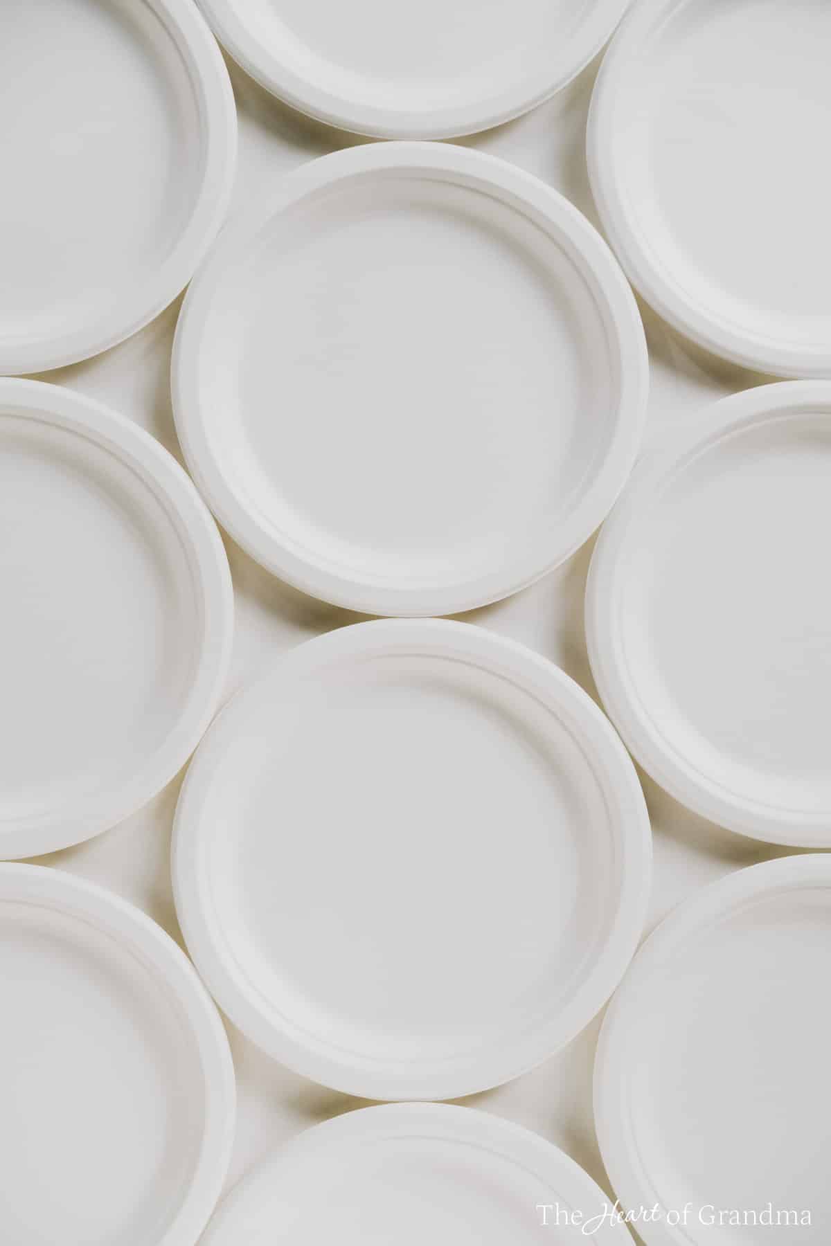 A bunch of paper plates laying out next to each other.