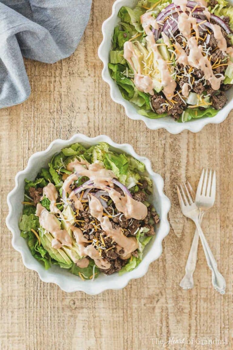 Two hamburger bowls made with leftover hamburger patties.